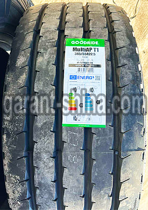 Goodride MultiAP T1 (прицепная) 385/55 R22.5 160K 20PR - Фото протектора с этикеткой вблизи